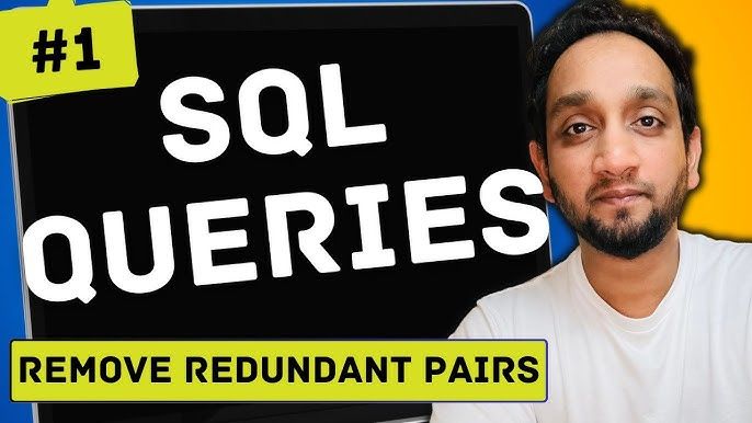 Un homme et un écran avec le texte "SQL QUERIES" et "REMOVE REDUNDANT PAIRS"